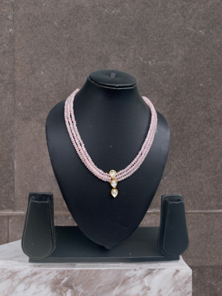 Handmade Rose Quartz Three-String Necklace with Crystal Accents - Beaded Treasures