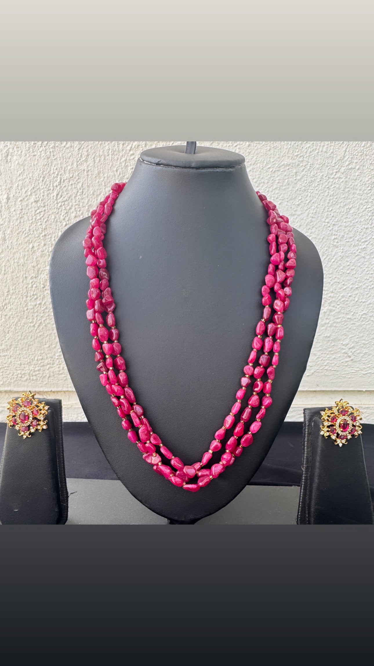 Handmade Natural Ruby Three-Strand Necklace Set with Earrings - Beaded Treasures