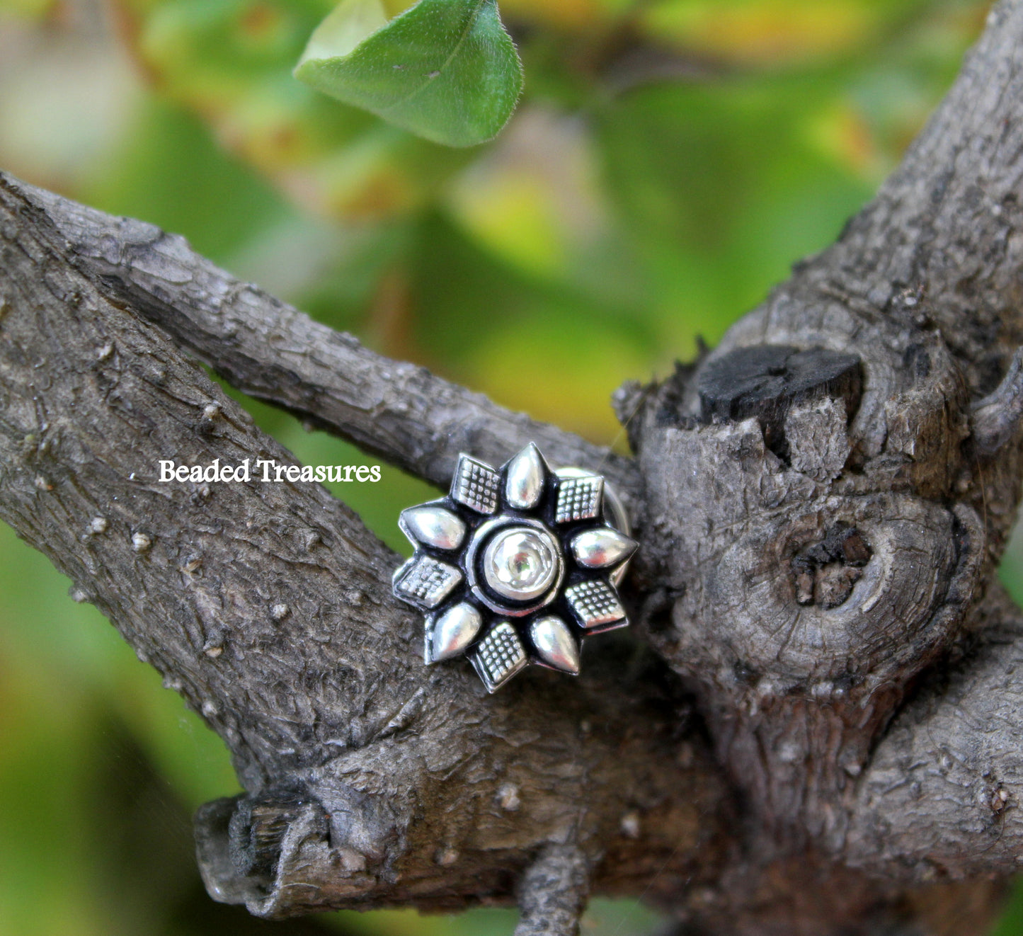 Oxidized Silver Flower Nose Stud with White Stone - Beaded Treasures