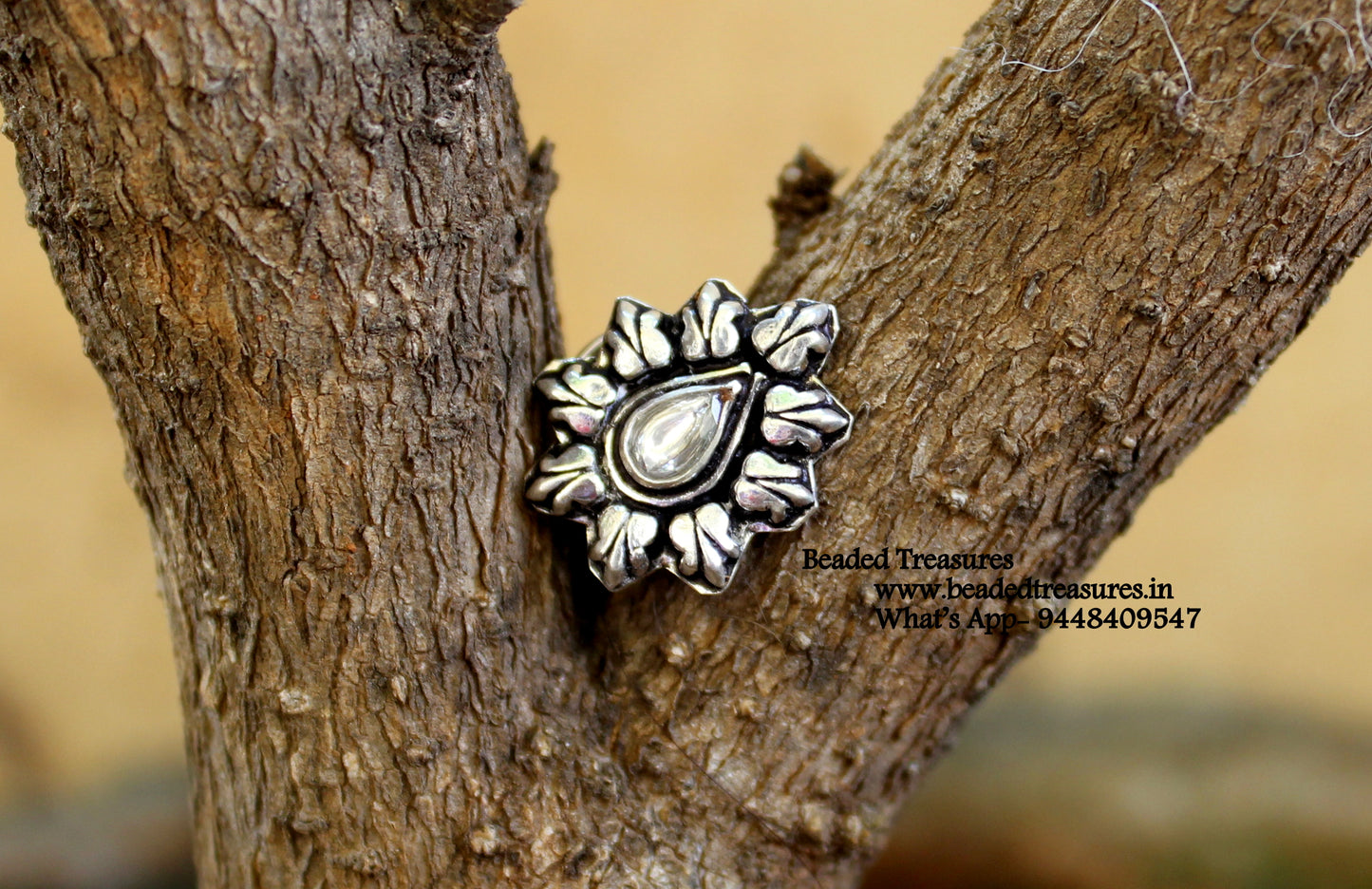 Oxidized Silver Flower Nose Stud with White Stone - Beaded Treasures