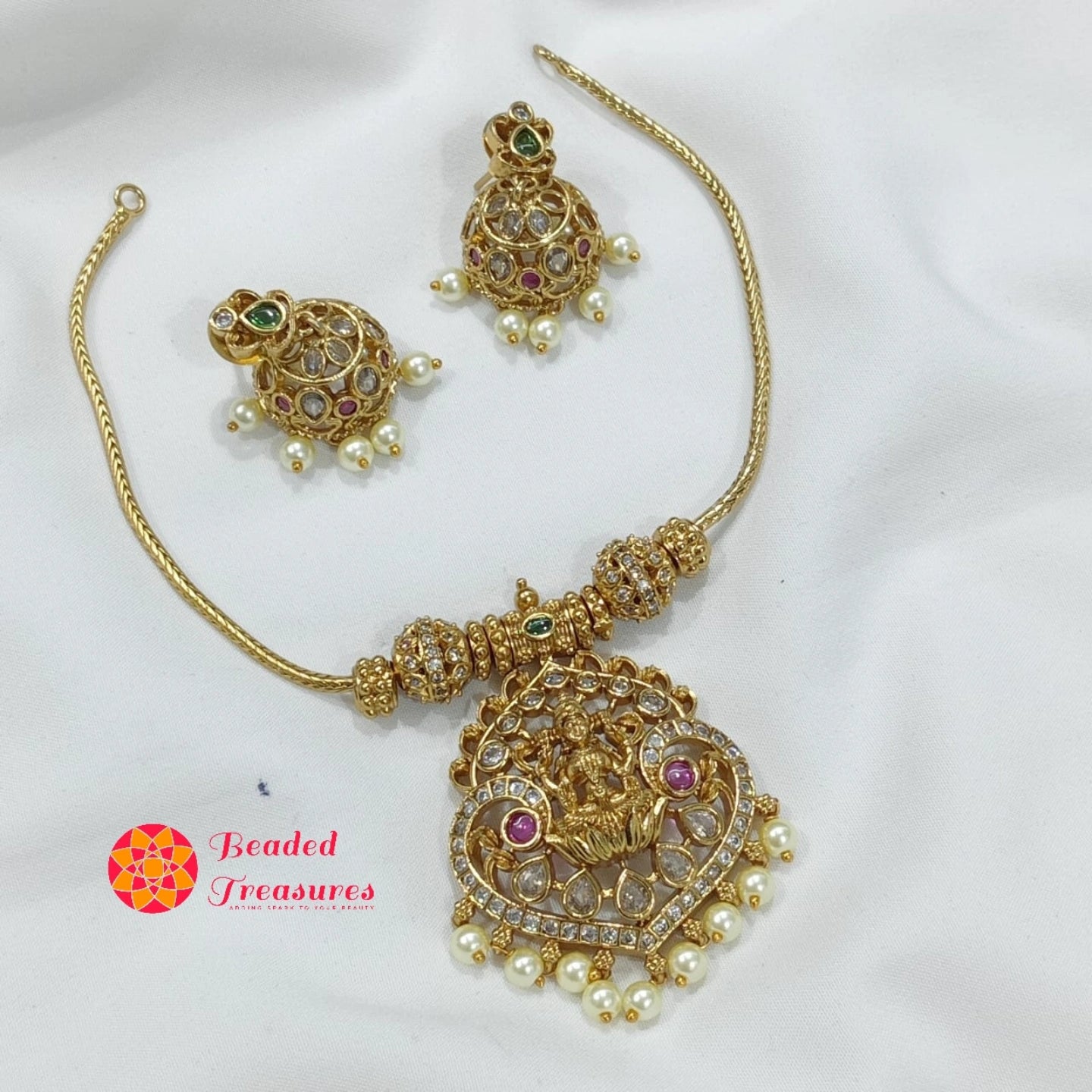 Lakshmi AD Choker with Jhumkas - Beaded Treasures
