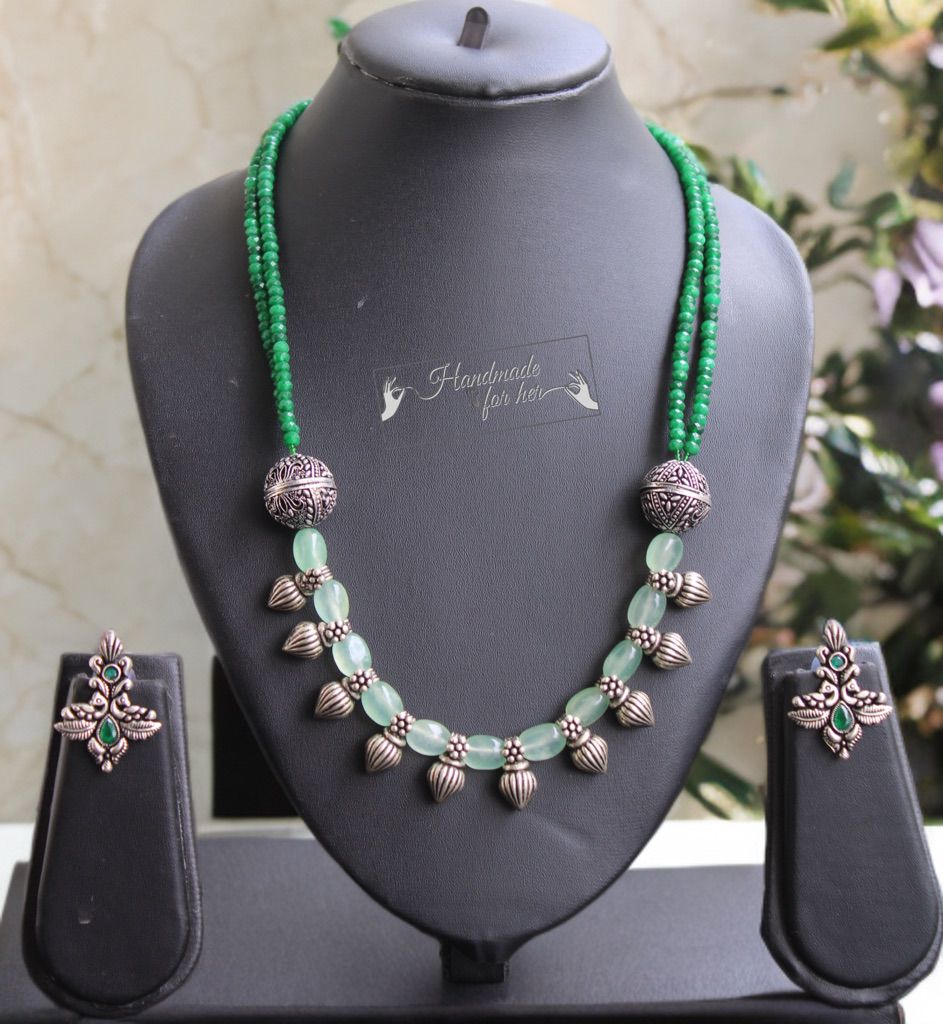 Handmade Green Agate Necklace & Bracelet Set with Oxidised Silver & Earrings - Beaded Treasures