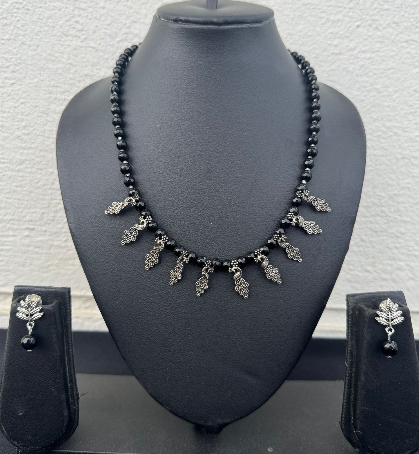 Handmade Black Beads and Oxidized Silver Peacock Necklace Set - Beaded Treasures