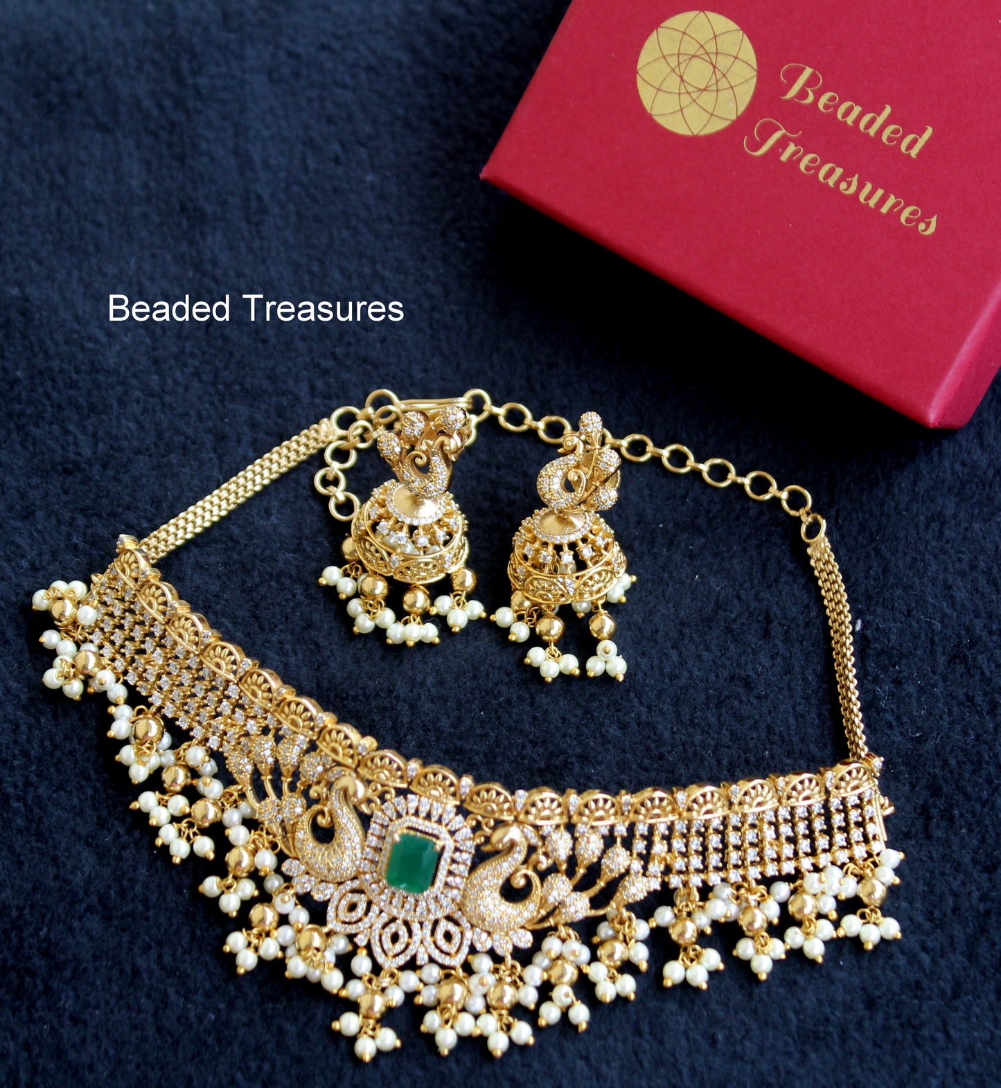 Peacock Design AD Choker Set with Green Stone & Pearl Drops - Beaded Treasures