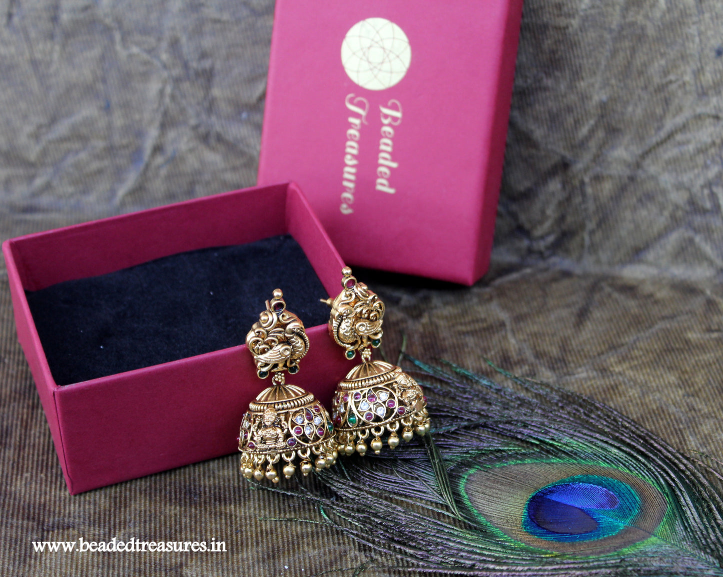 Antique Peacock Jhumka Earrings with Colorful Stones - Beaded Treasures