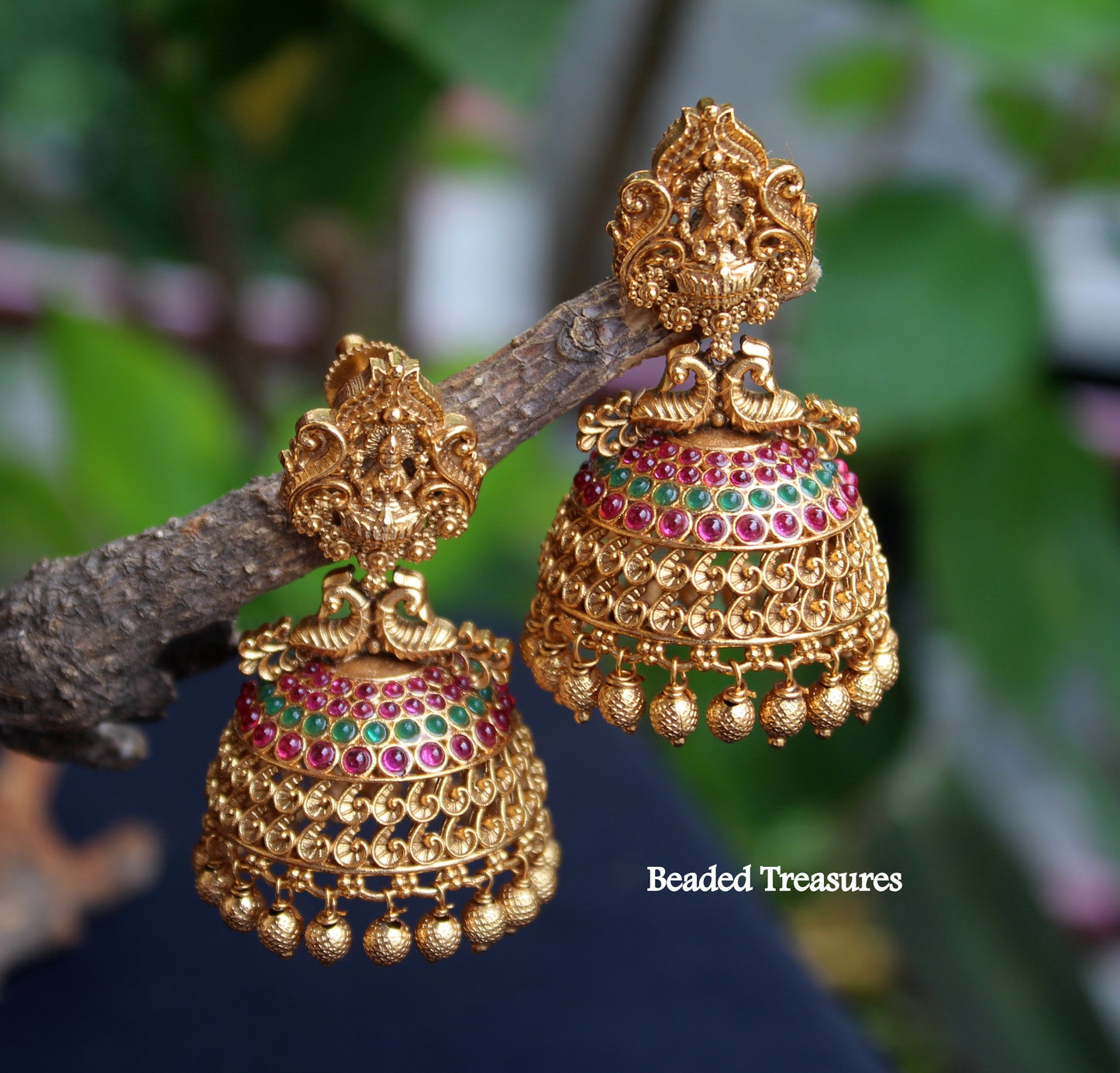 Antique Gold Jhumka Earrings with Lakshmi & Peacock - Beaded Treasures