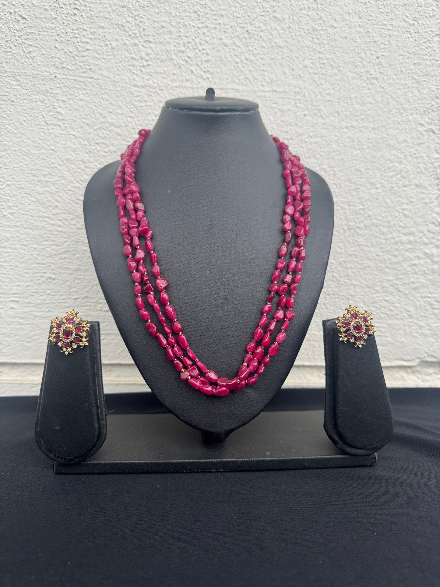 Handmade Natural Ruby Three-Strand Necklace Set with Earrings - Beaded Treasures