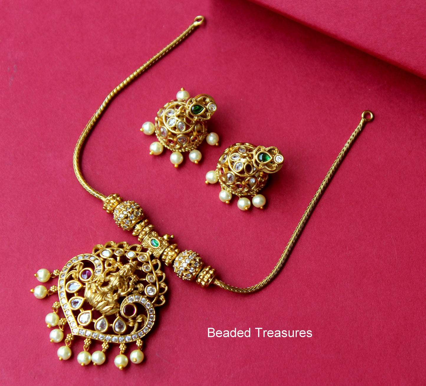 Lakshmi AD Choker with Jhumkas - Beaded Treasures