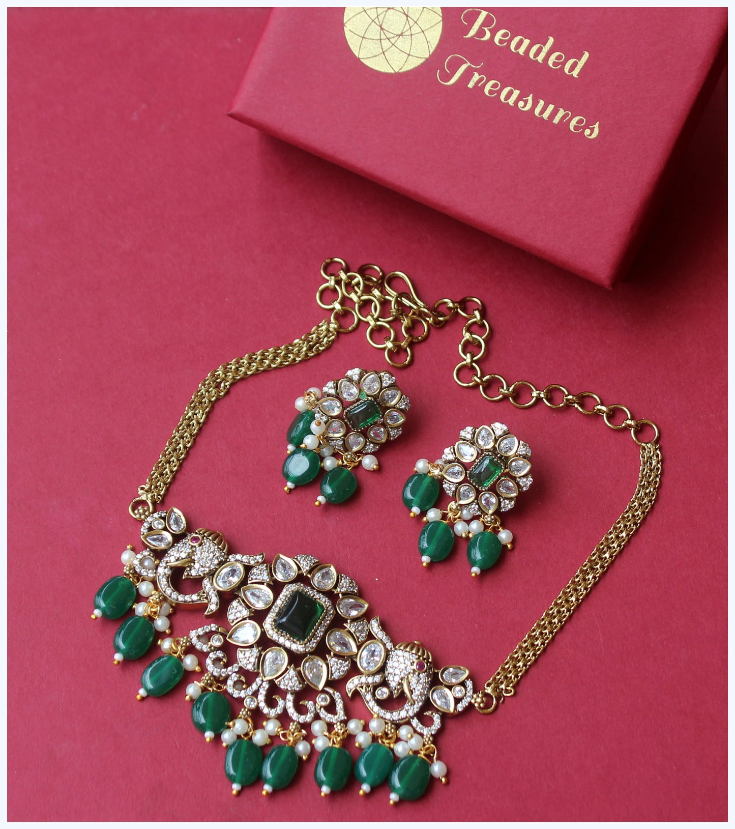 Kadaksham Victoria Finish CZ Stones Choker Set - Beaded Treasures