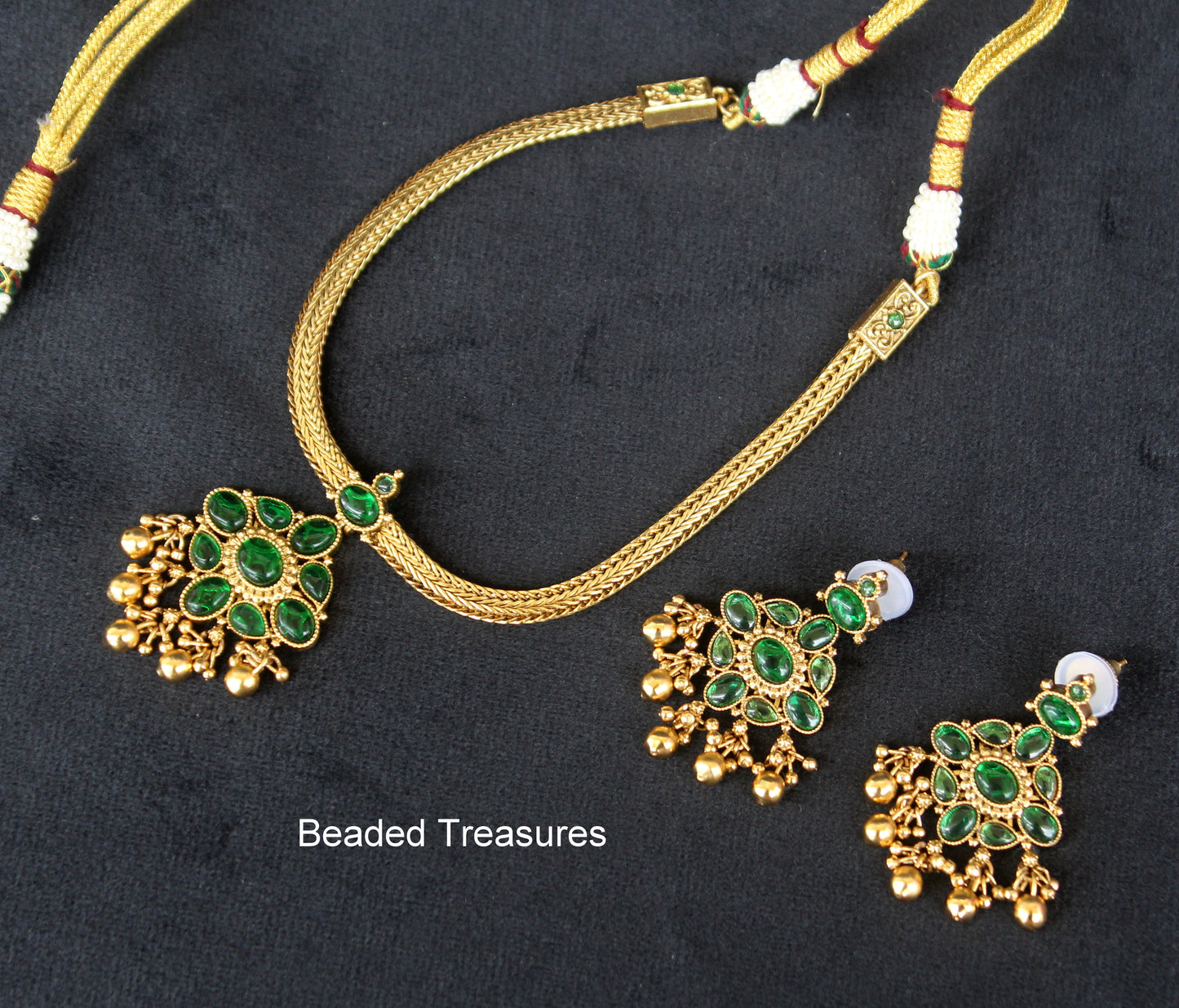 Green Stone Temple Necklace Set - Beaded Treasures Bengaluru
