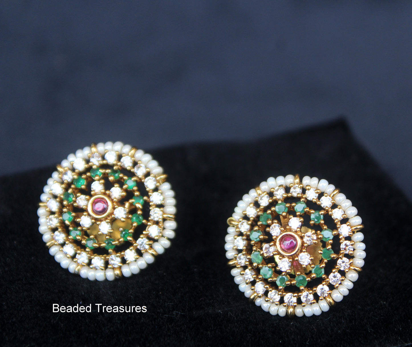 Gold-Toned Stud Earrings with Emerald, Ruby & Pearl - Beaded Treasures
