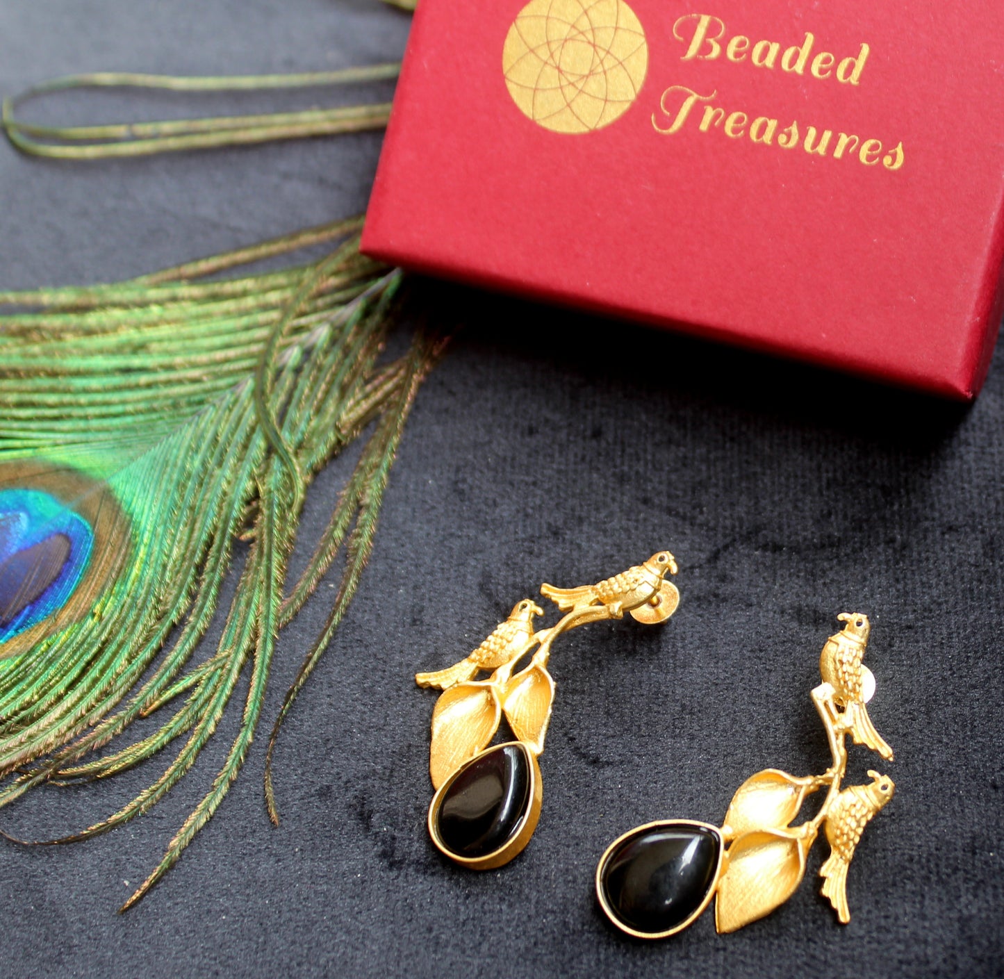 Bird and Leaf Dangler Earrings with Black Stones - Beaded Treasures