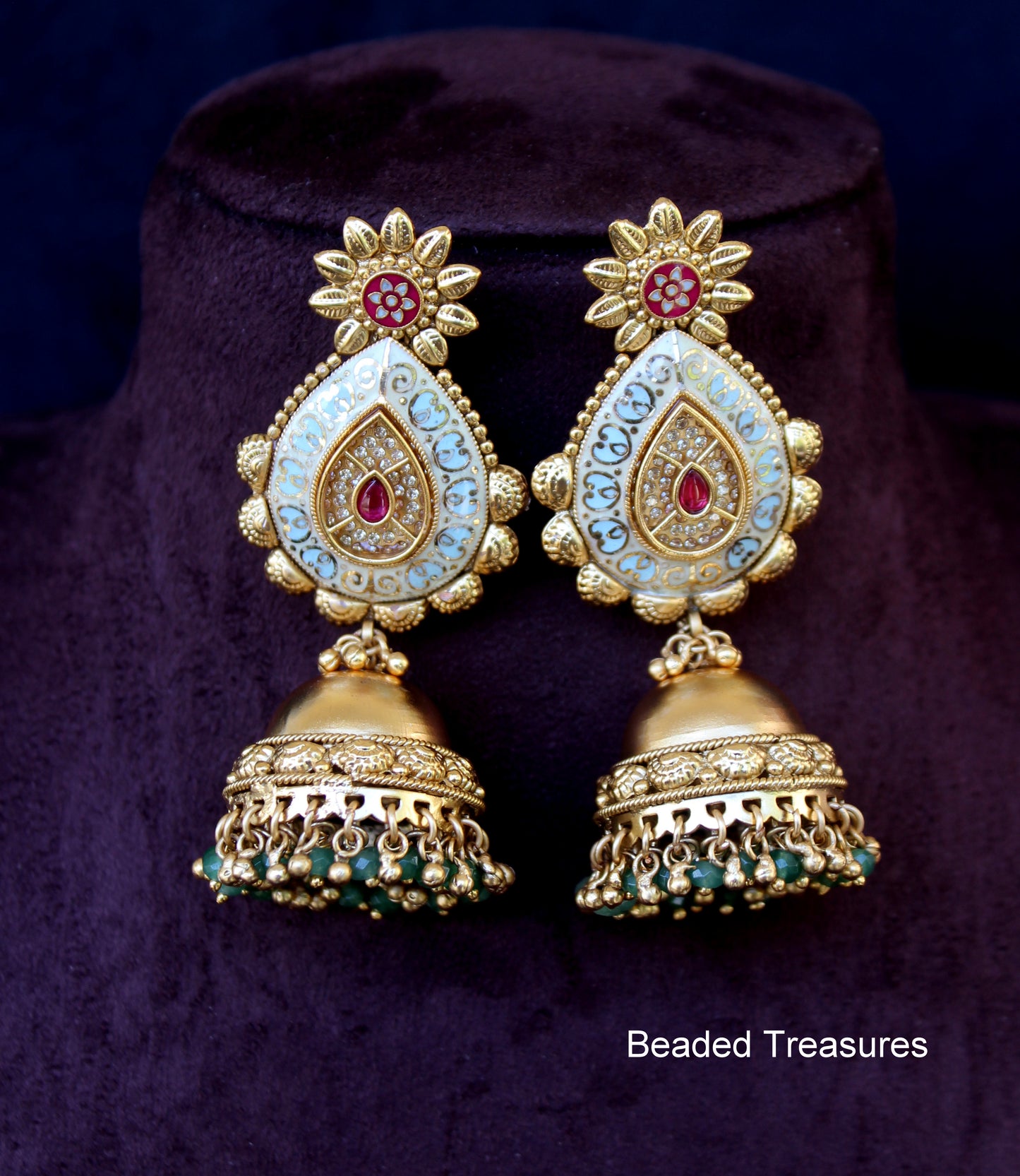 Meenakari Jhumkas with Green Beads - Beaded Treasures