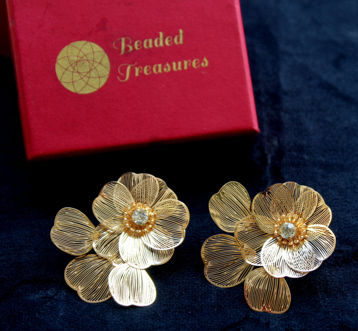 Gold-Tone Floral Clip-On Earrings with Crystal Accents - Beaded Treasures