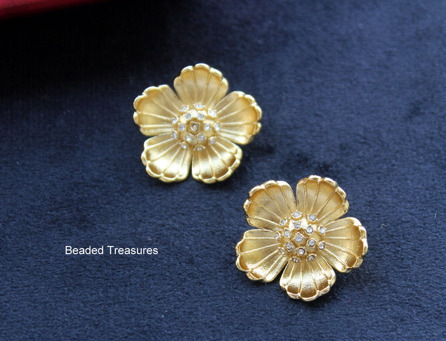 Gold-Tone Flower Stud Earrings with Crystal Accents - Beaded Treasures