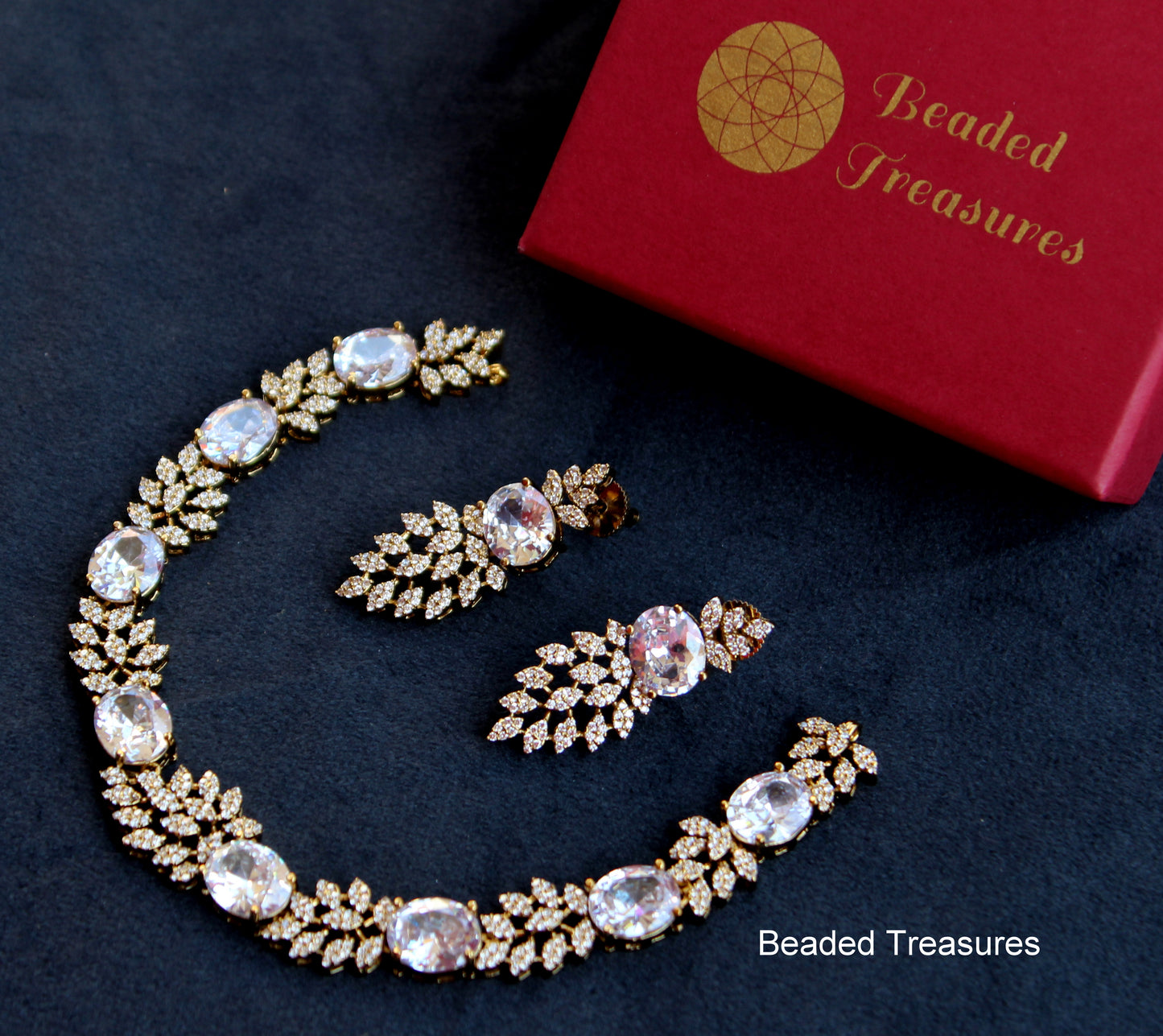 American Diamond Necklace Set with Oval Stones - Beaded Treasures