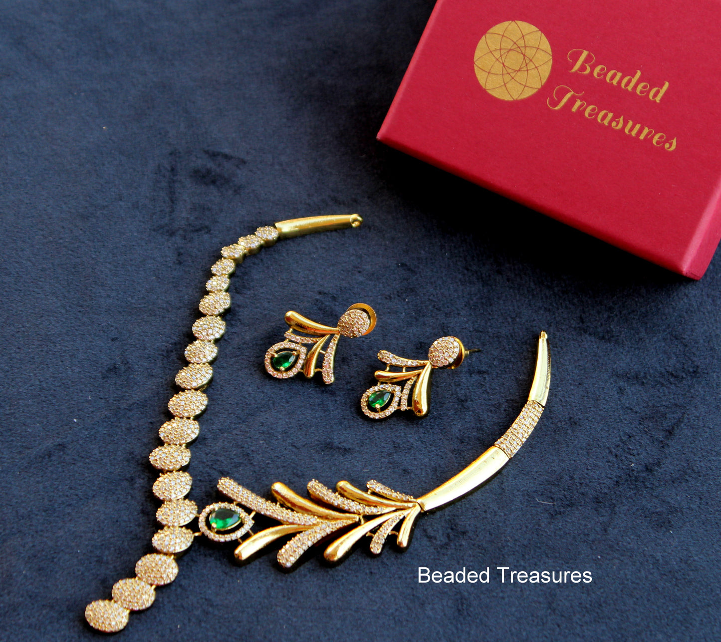 Feather Design AD Necklace Set with Emerald Stone Accents - Beaded Treasures
