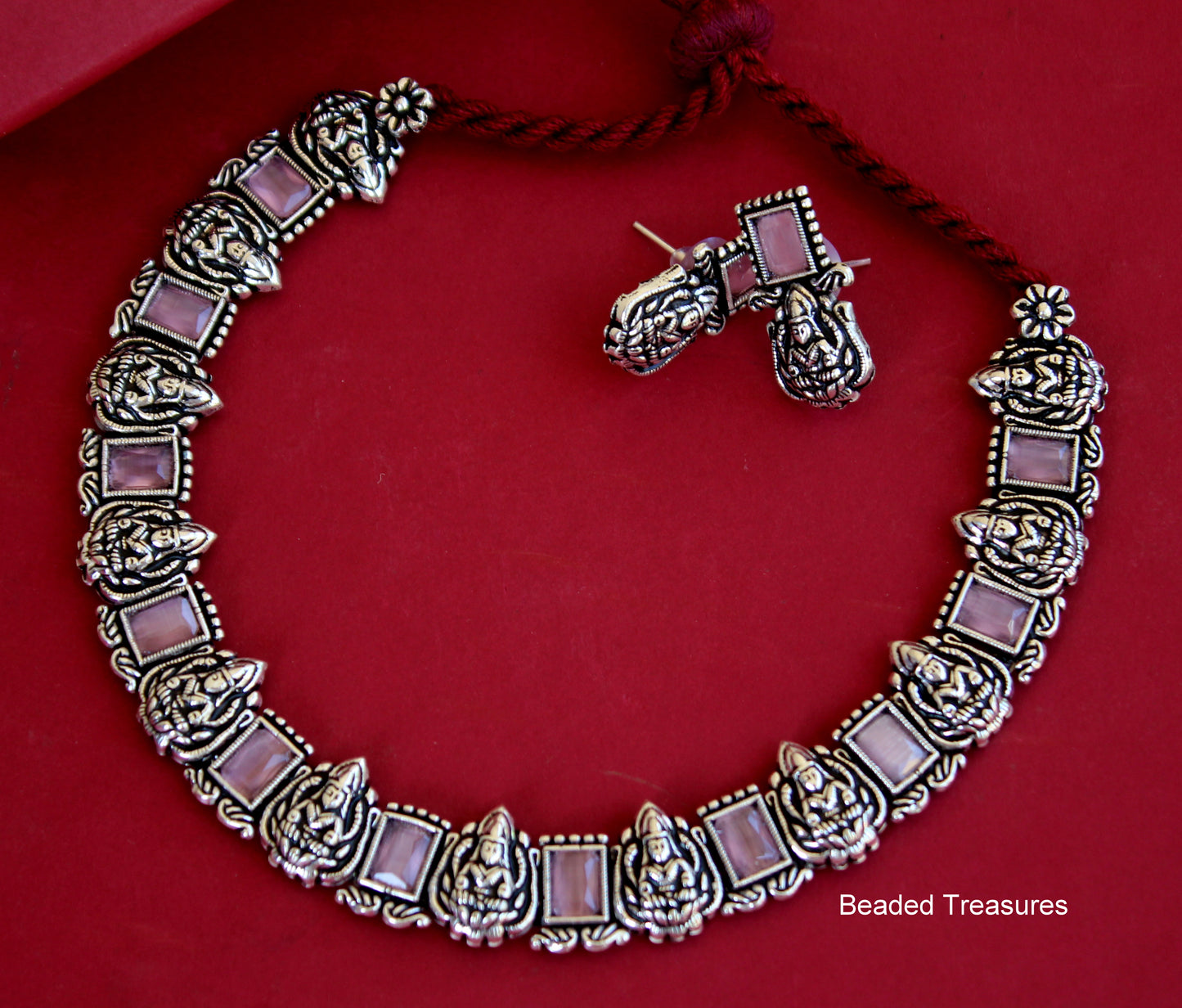 Antique Oxidised Silver Lakshmi Kasu Necklace Set - Beaded Treasures