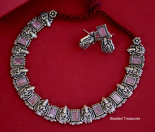 Antique Oxidised Silver Lakshmi Kasu Necklace Set - Beaded Treasures