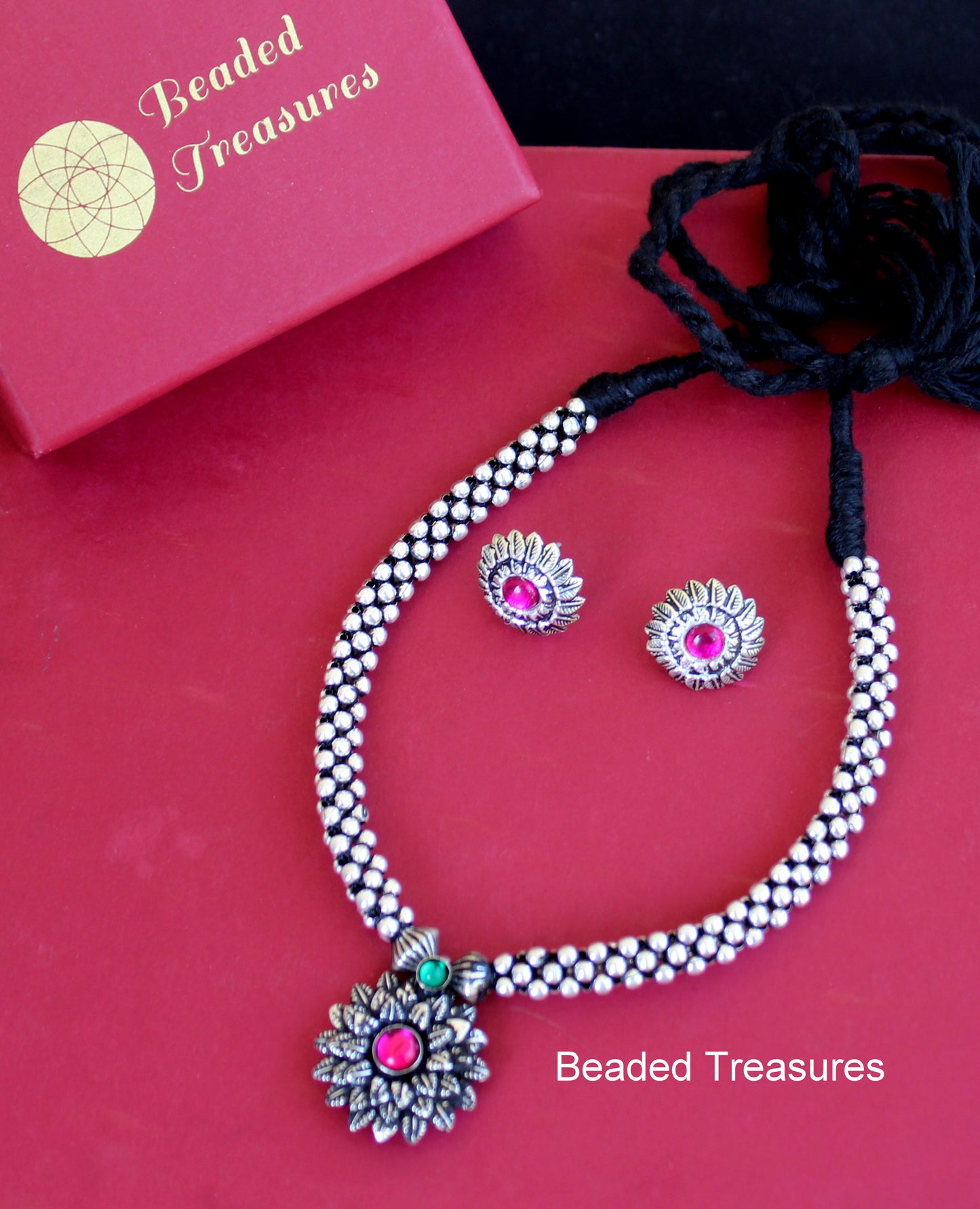 Oxidised Silver Thushi Necklace Set - Beaded Treasures