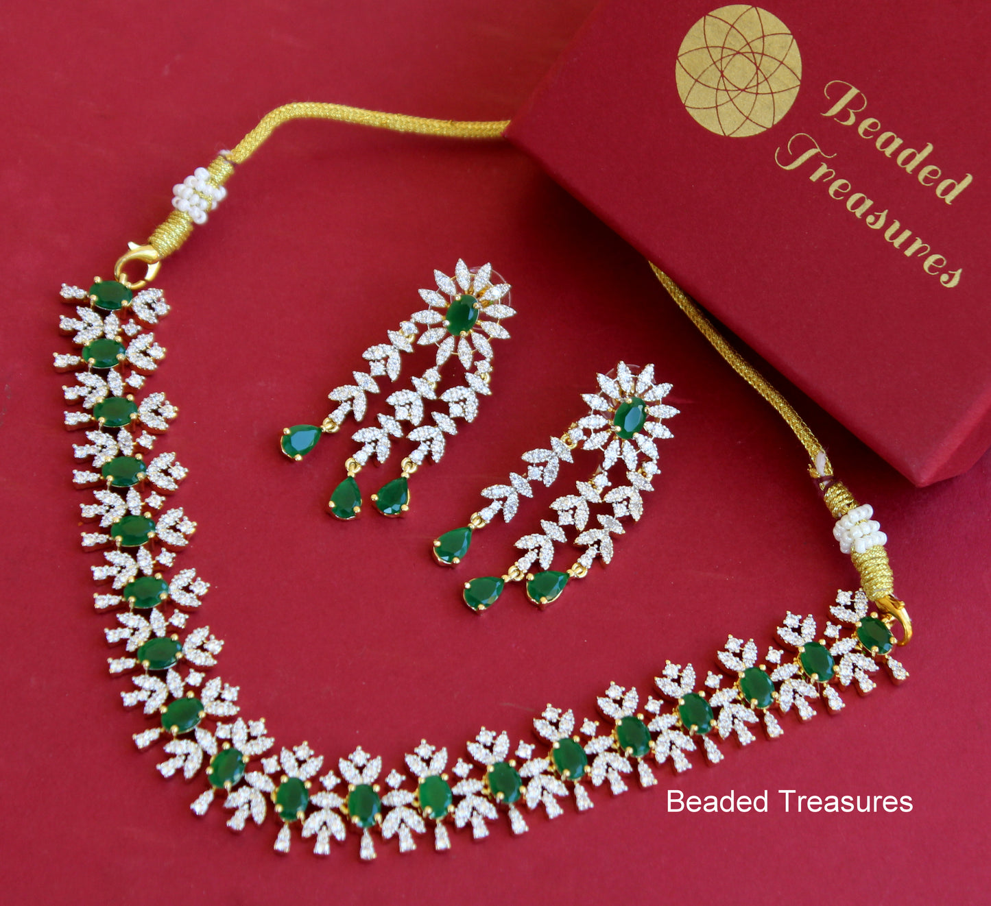 Gold Plated American Diamond Dainty Necklace and Earrings - Beaded Treasures