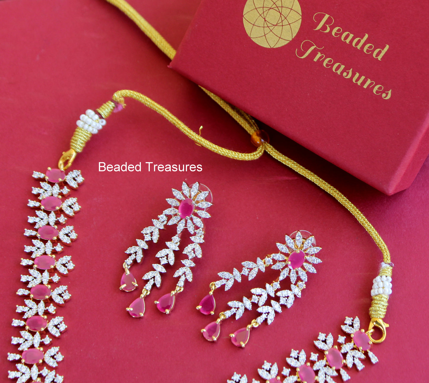 Gold Plated American Diamond Dainty Necklace and Earrings with Pink Accents - Beaded Treasures