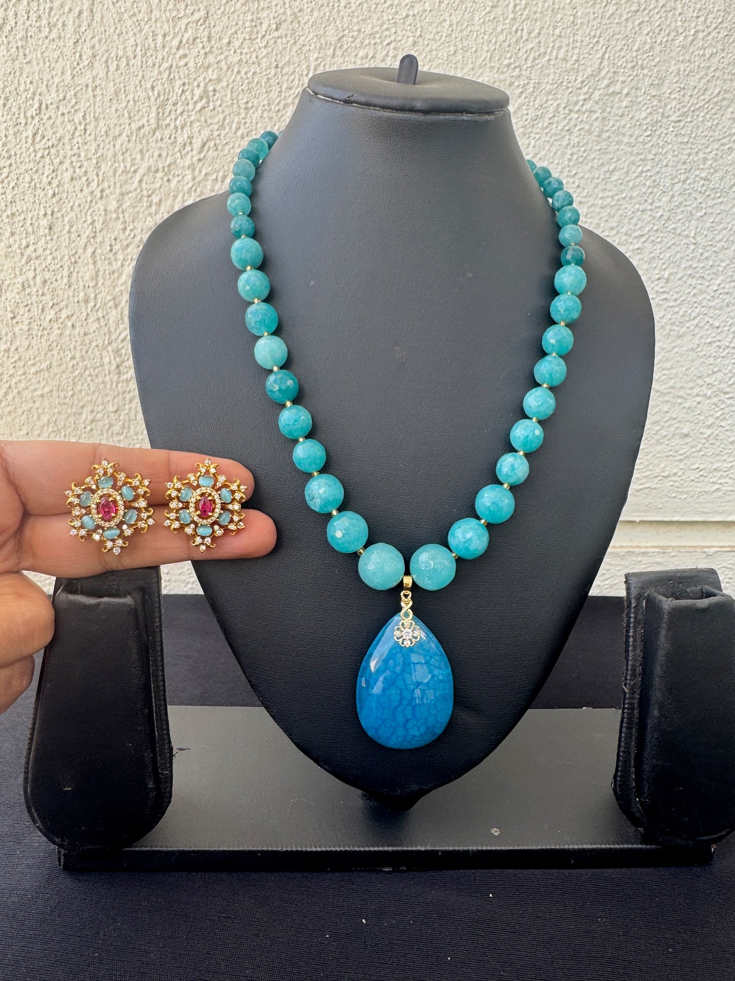 Handmade Turquoise Beaded Necklace Set with Statement Pendant & Earrings - Beaded Treasures