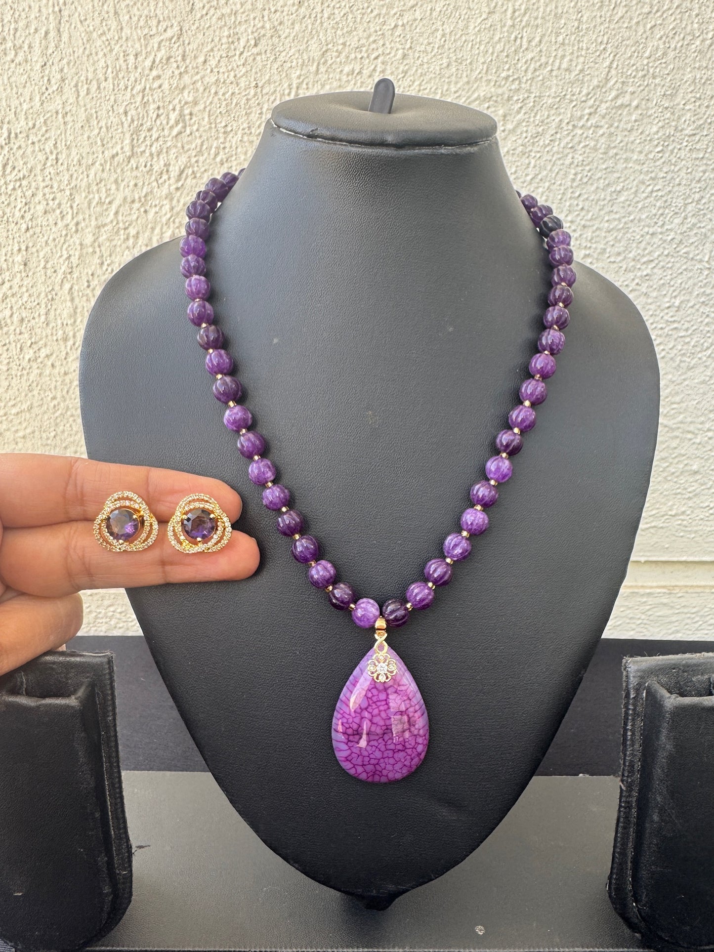 Handmade Charoite Beaded Necklace Set with Statement Pendant & Earrings - Beaded Treasures