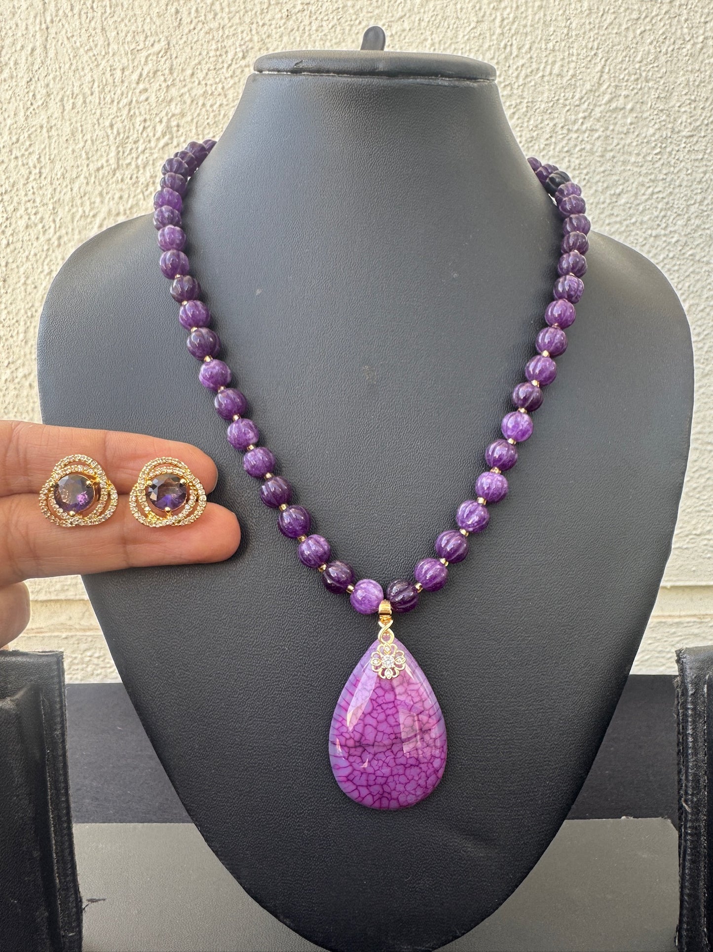 Handmade Charoite Beaded Necklace Set with Statement Pendant & Earrings - Beaded Treasures