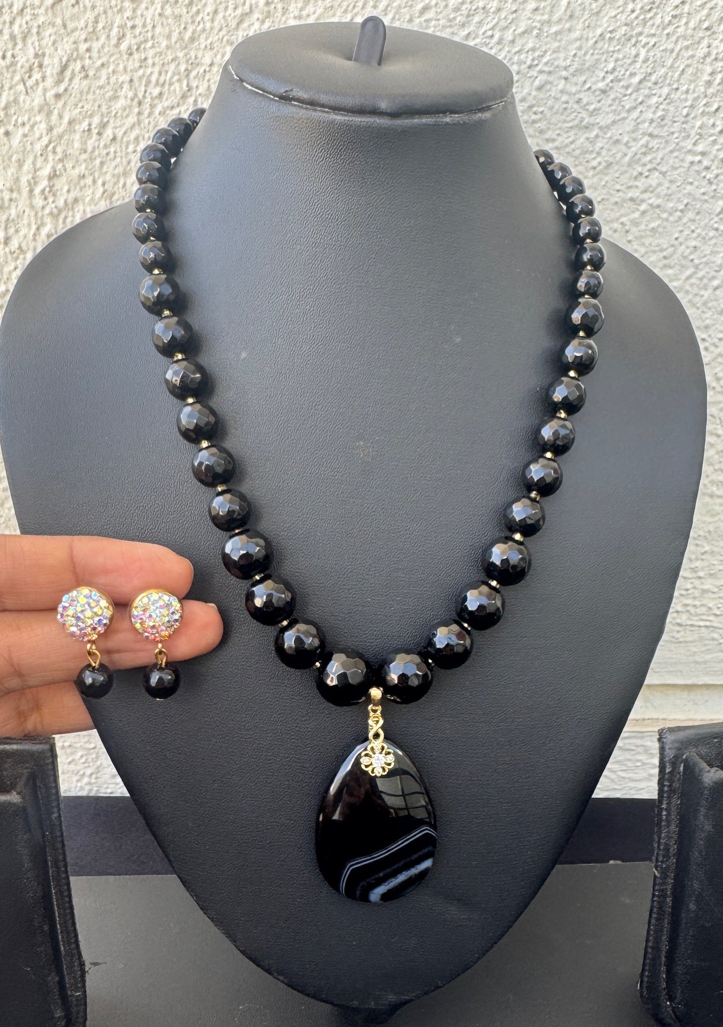 Handmade Black Onyx Beaded Necklace Set with Statement Pendant & Earrings - Beaded Treasures