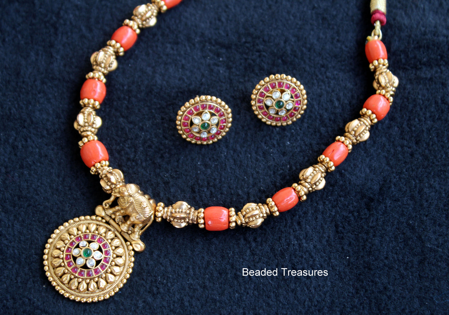 Antique Coral Mala with Kempu Stone Pendant & Nakshi Beads - Beaded Treasures