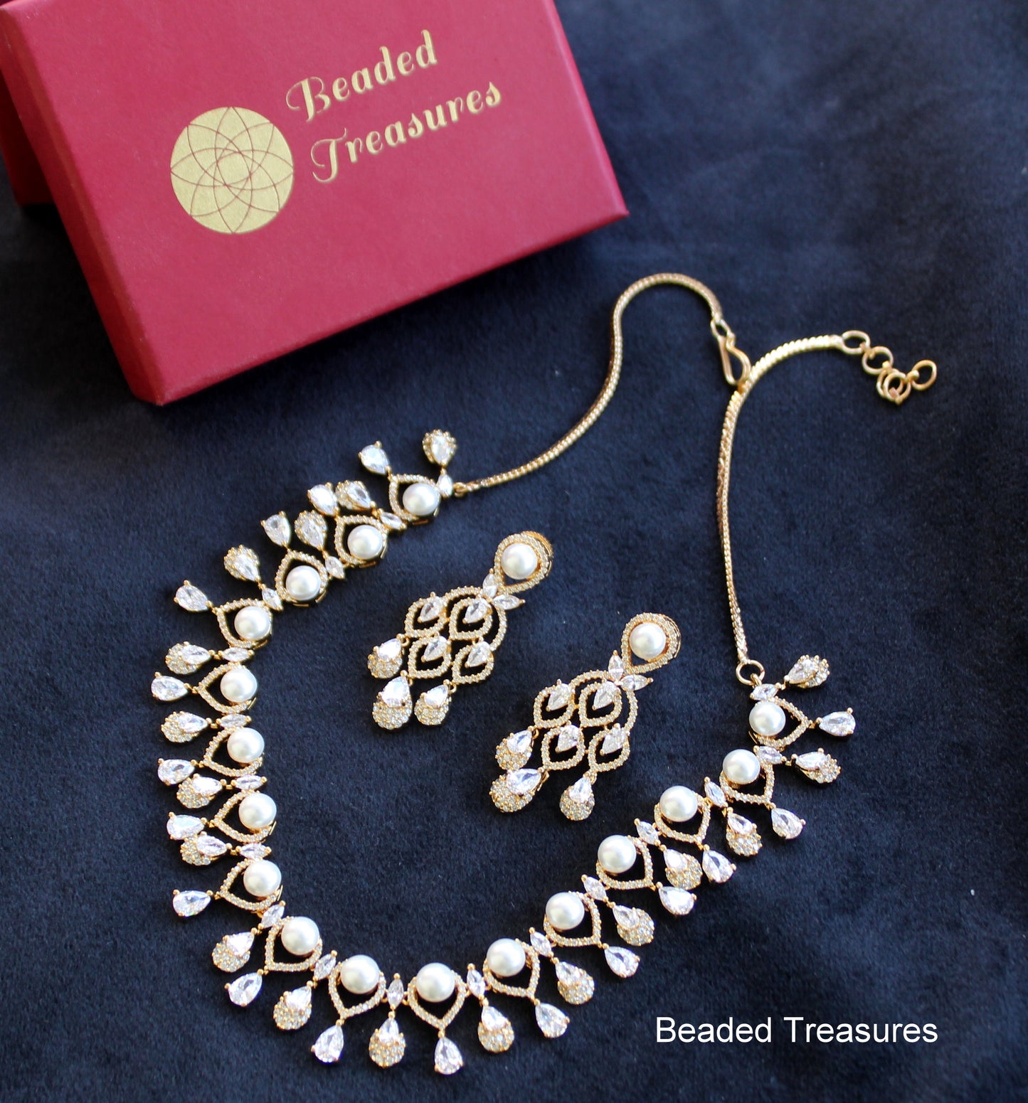 American Diamond Mango Design Bridal Necklace Set - Beaded Treasures