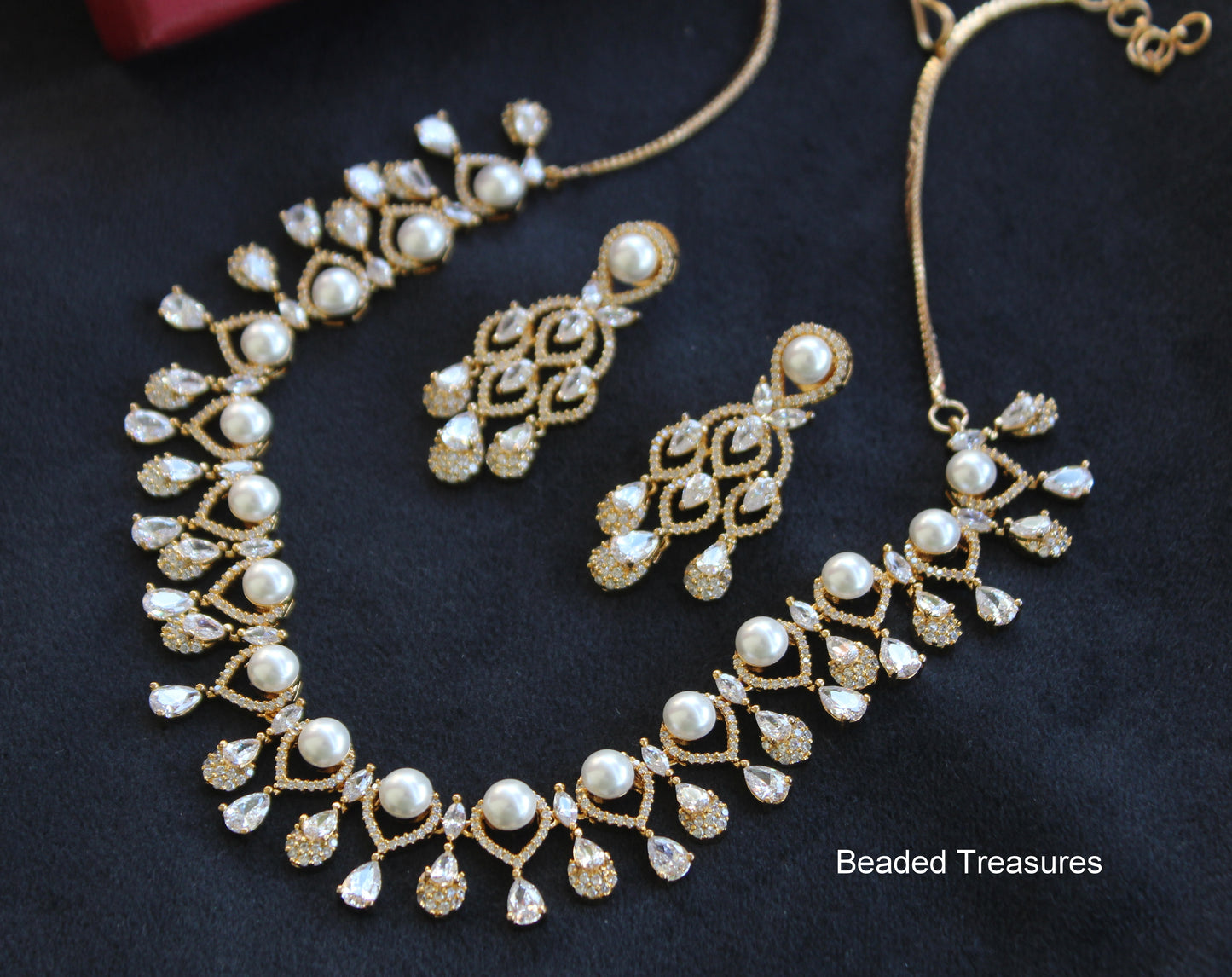 American Diamond Mango Design Bridal Necklace Set - Beaded Treasures