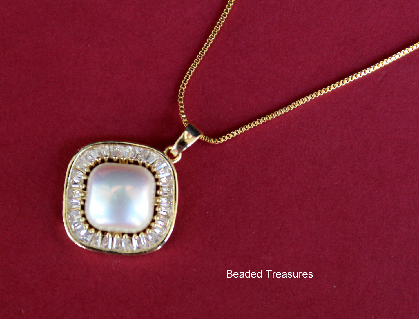 Gold-Toned Square Pendant Necklace with Pearl - Beaded Treasures