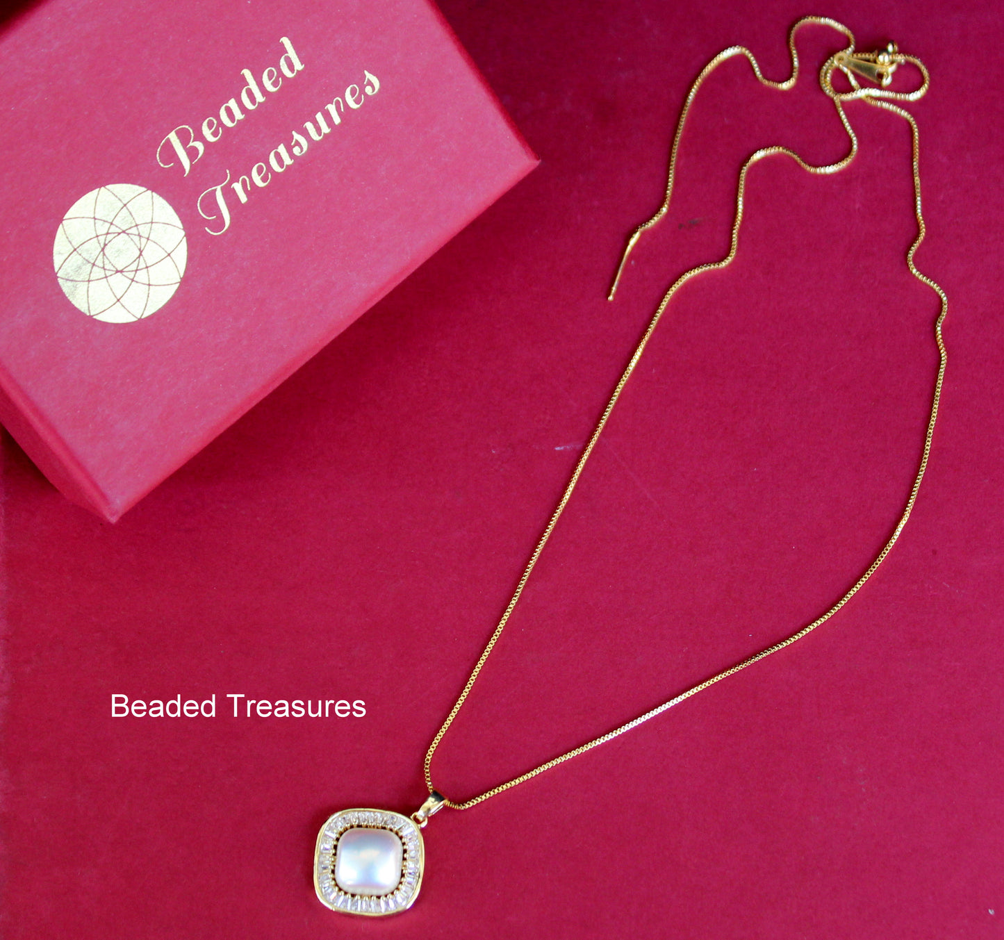 Gold-Toned Square Pendant Necklace with Pearl - Beaded Treasures