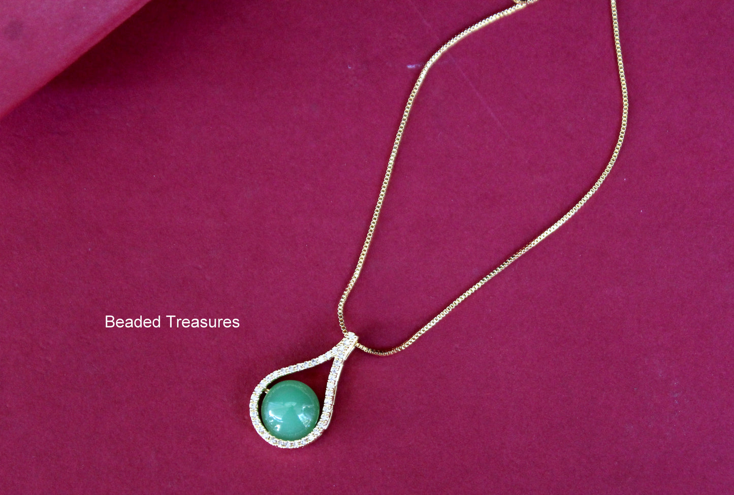 Gold-Toned Teardrop Pendant Necklace with Green Stone - Beaded Treasures