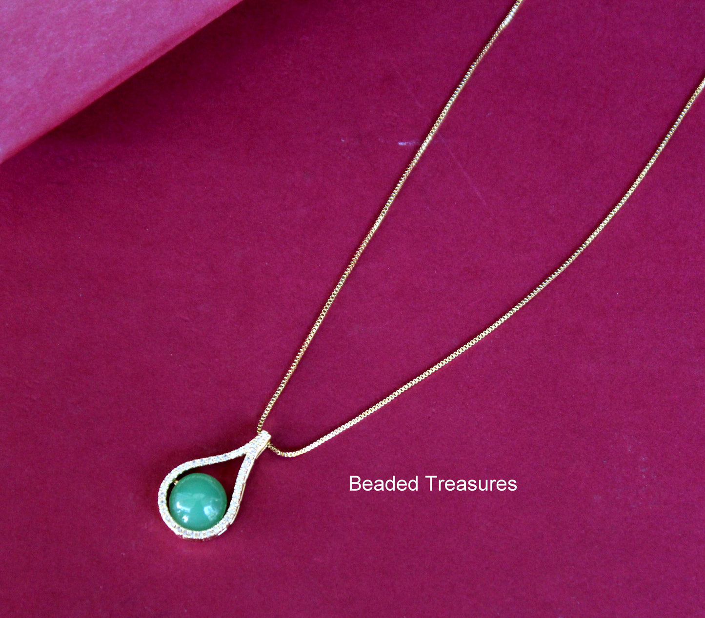 Gold-Toned Teardrop Pendant Necklace with Green Stone - Beaded Treasures