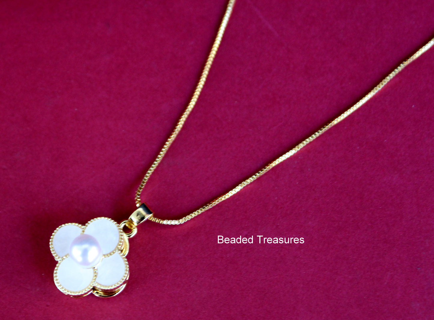 Gold-Toned Four Leaf Clover Pendant Necklace with Pearl - Beaded Treasures