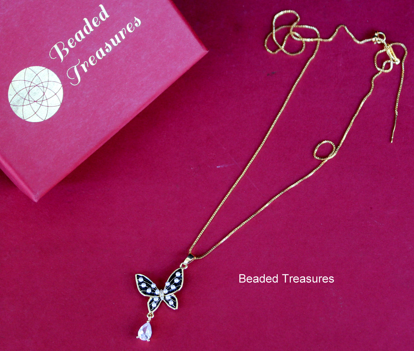 Gold-Toned Butterfly Pendant Necklace with Crystal & Pear Drop - Beaded Treasures