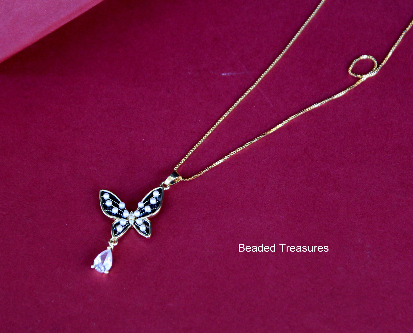 Gold-Toned Butterfly Pendant Necklace with Crystal & Pear Drop - Beaded Treasures