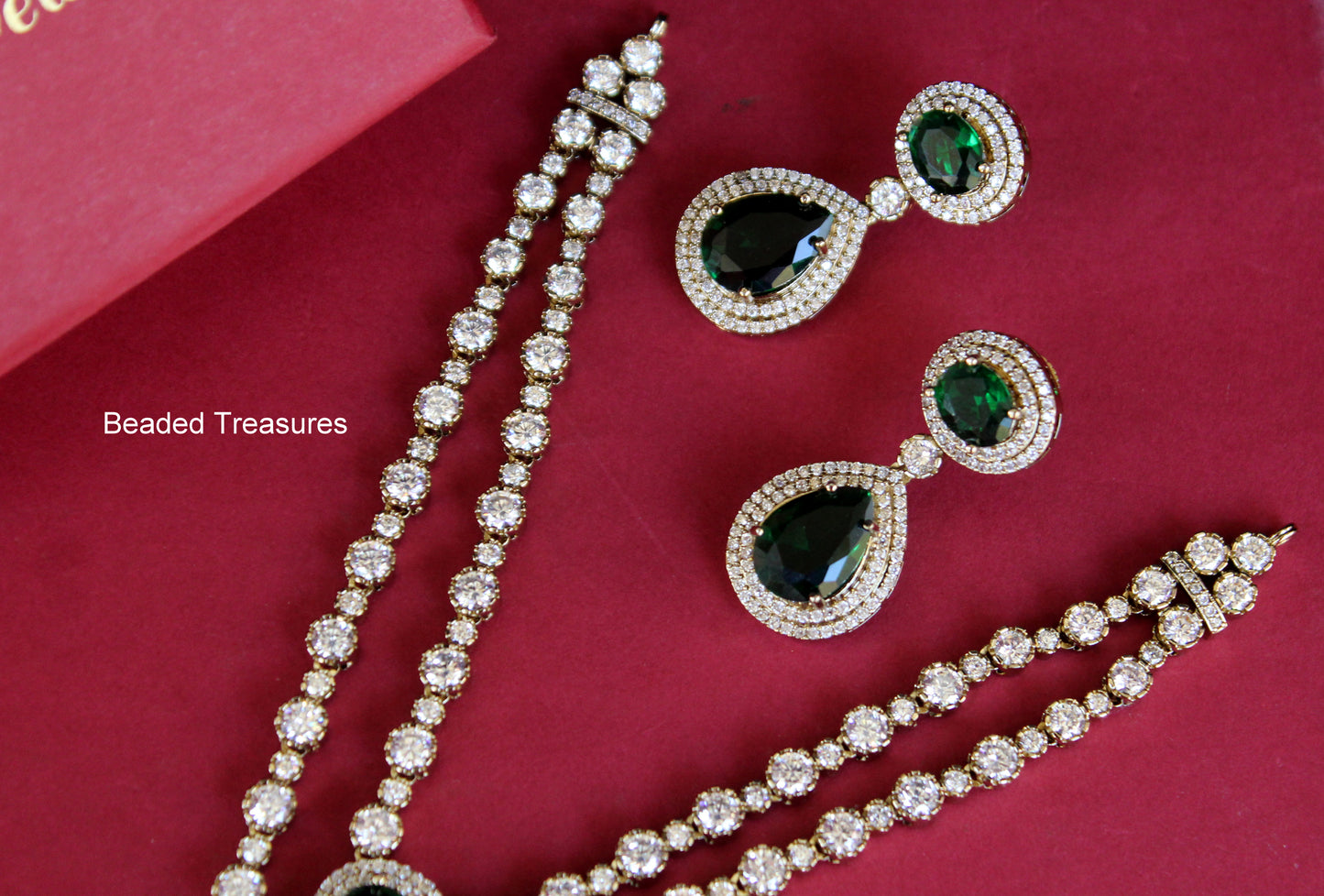 Moissanite Necklace & Earring Set with Green Stones - Beaded Treasures