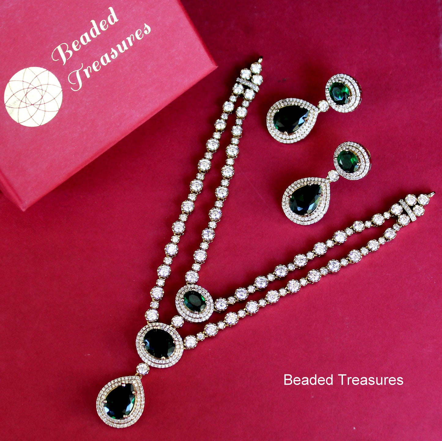 Moissanite Necklace & Earring Set with Green Stones - Beaded Treasures