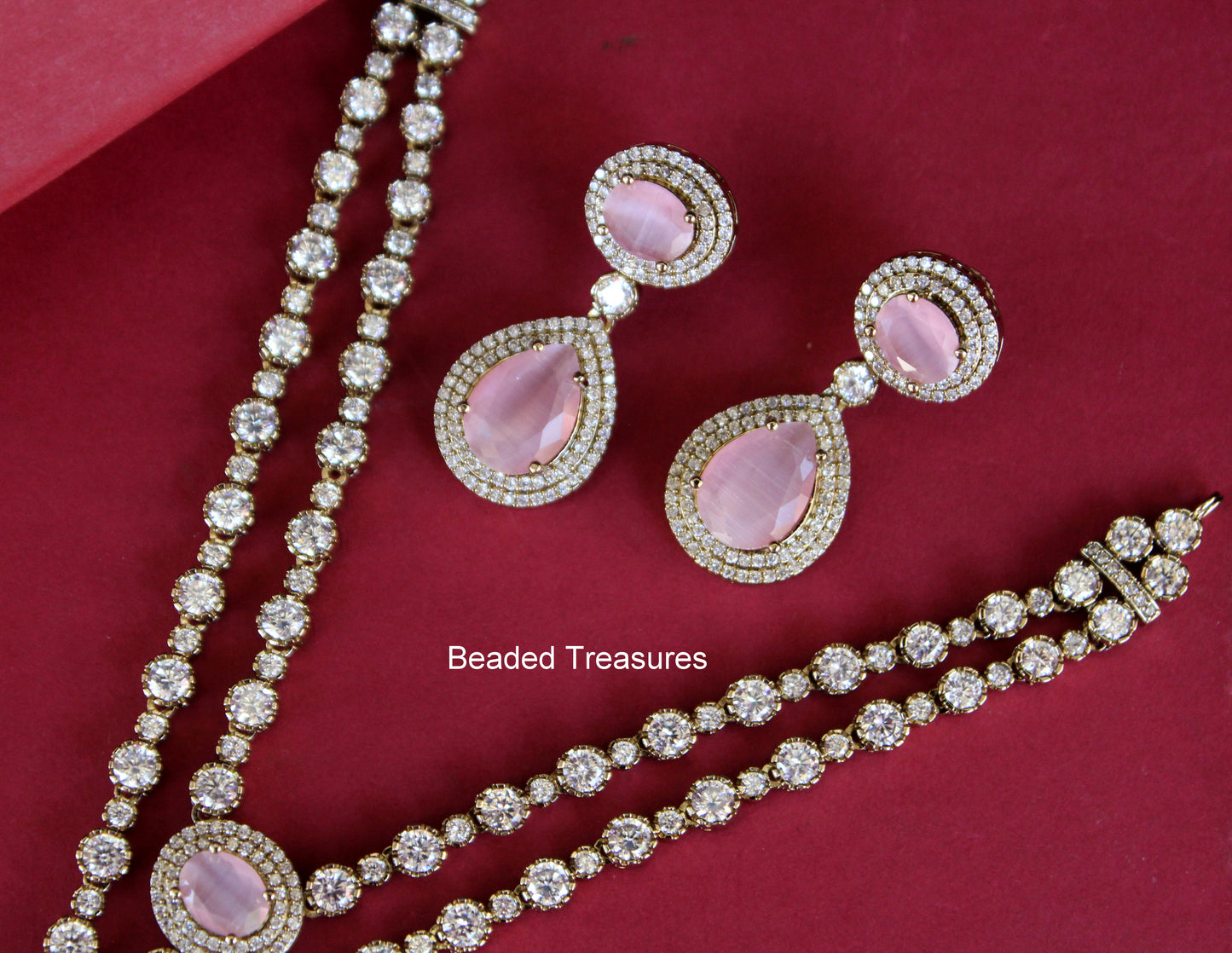 Moissanite Necklace & Earring Set with Pink Stones - Beaded Treasures