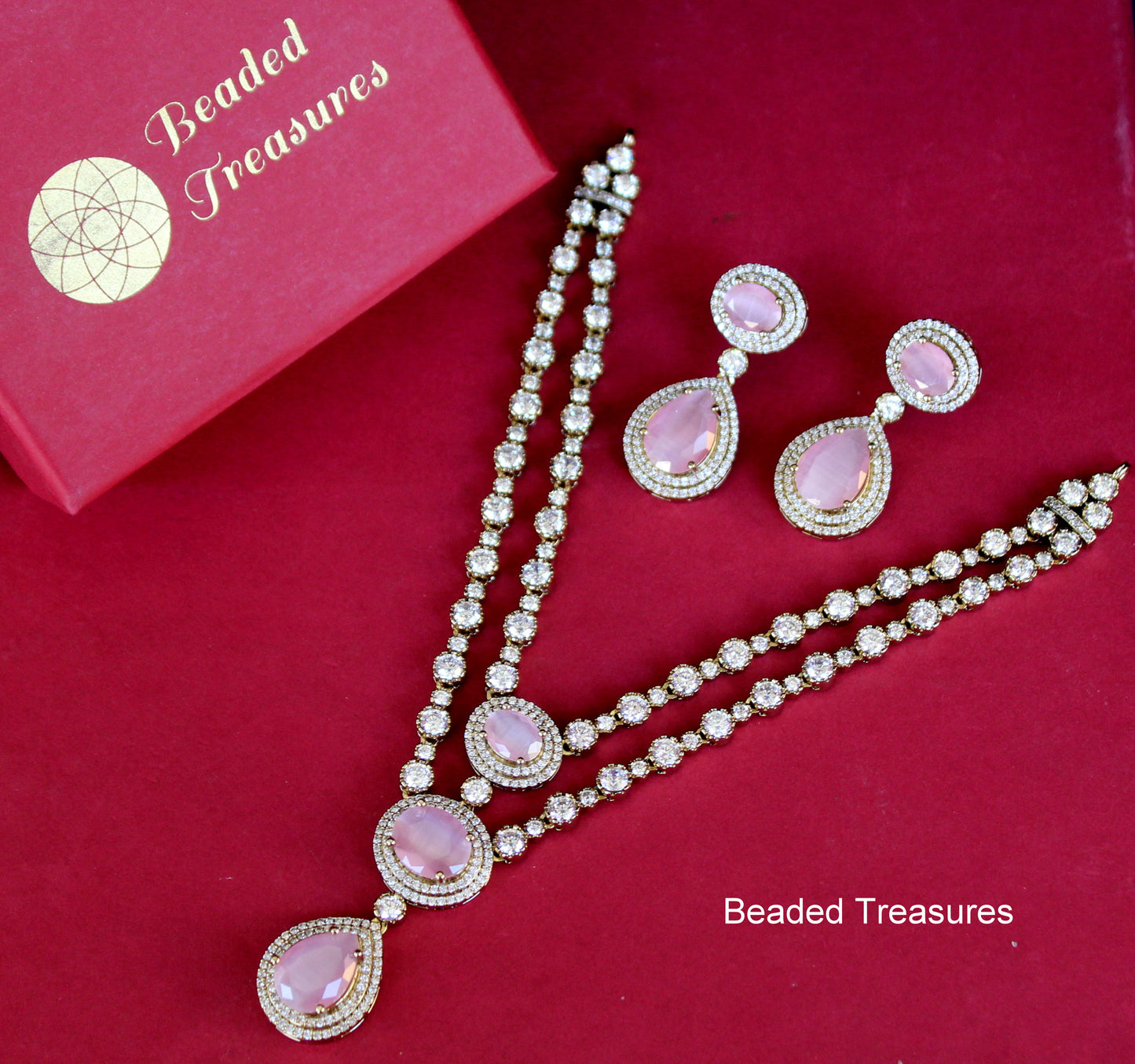 Moissanite Necklace & Earring Set with Pink Stones - Beaded Treasures