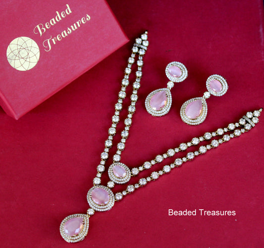 Moissanite Necklace & Earring Set with Pink Stones - Beaded Treasures