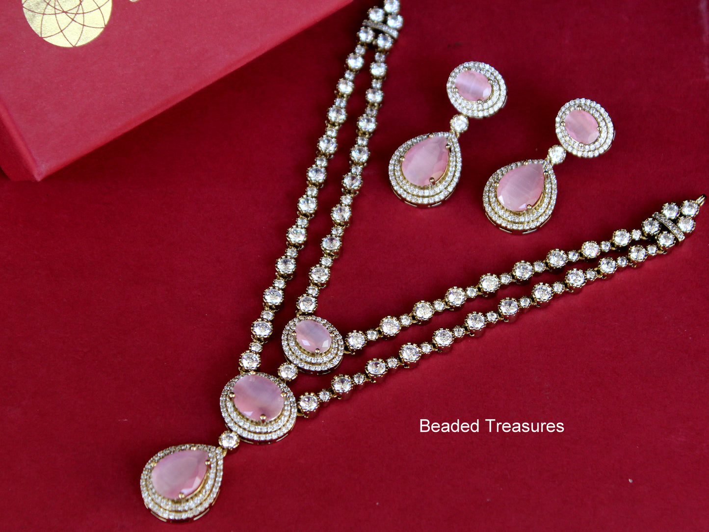 Moissanite Necklace & Earring Set with Pink Stones - Beaded Treasures