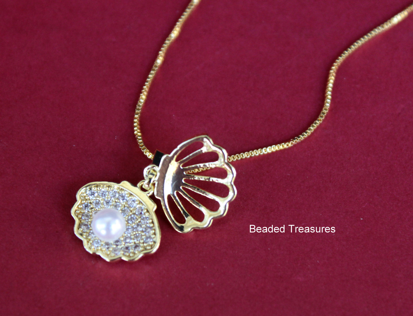 Gold-Toned Shell Pendant Necklace with Pearl - Beaded Treasures