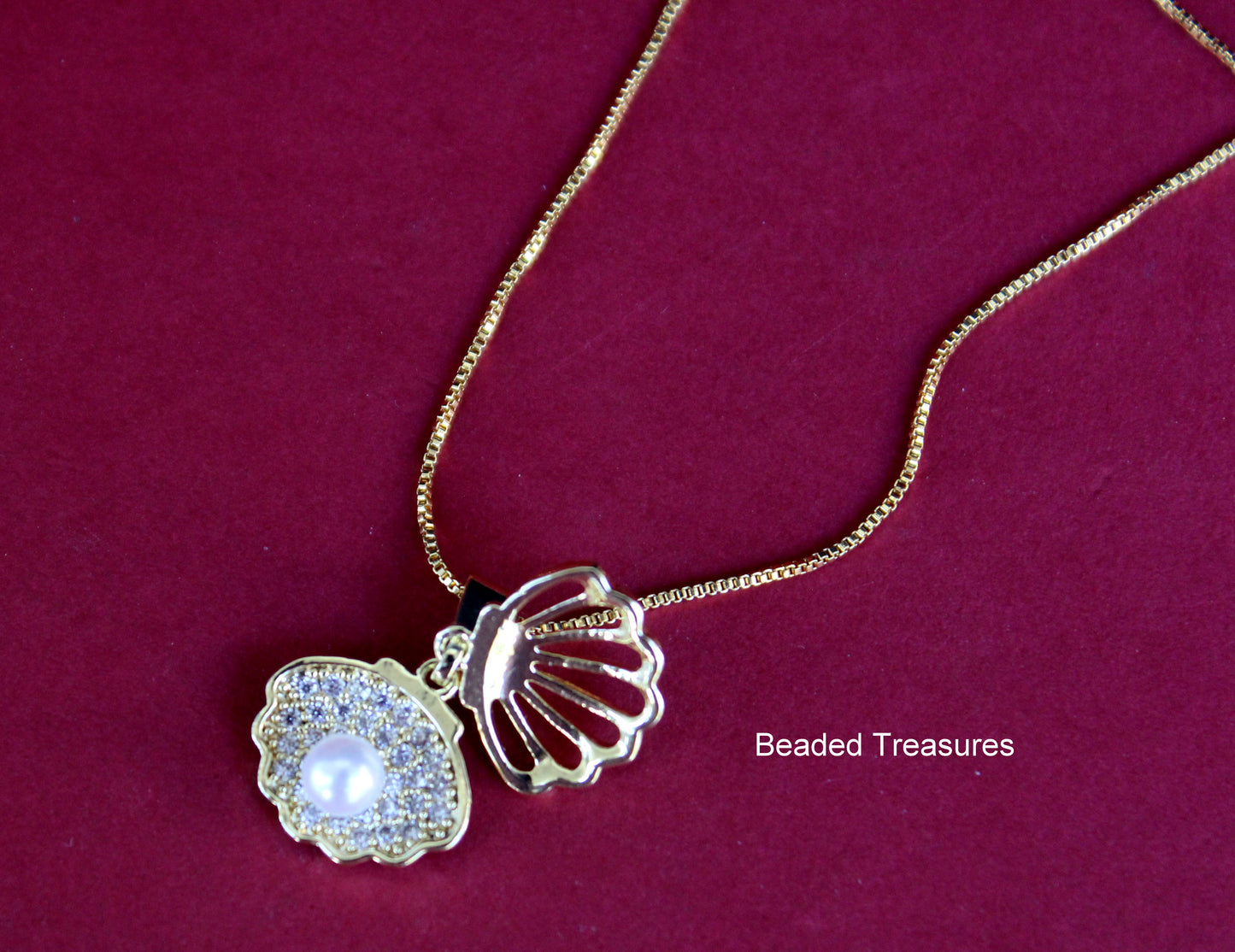 Gold-Toned Shell Pendant Necklace with Pearl - Beaded Treasures
