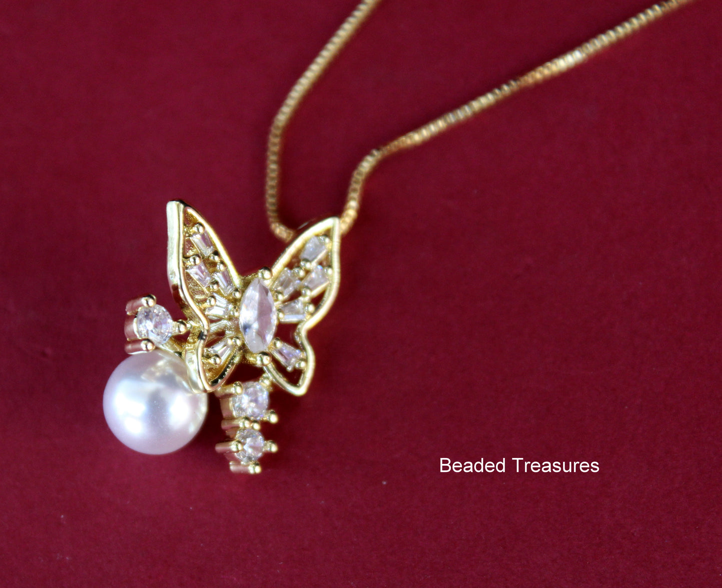 Gold-Toned Butterfly Pendant Necklace with Pearl - Beaded Treasures