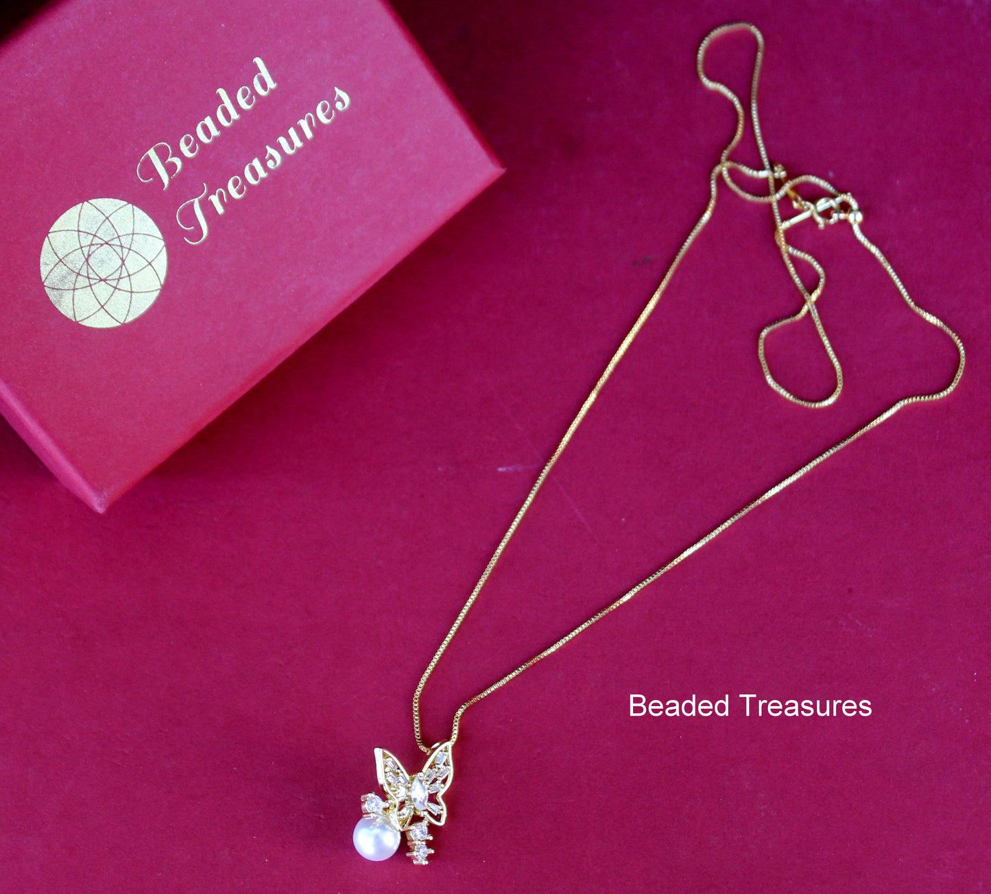 Gold-Toned Butterfly Pendant Necklace with Pearl - Beaded Treasures